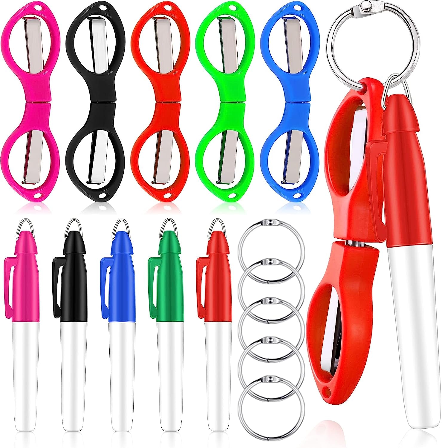 15 Pieces Folding Safety Scissors for Nurse Plastic Handle Mini Folding Scissors Nurse Pen Set Permanent Markers Fine Point Nurse Pen Pack Silver Ring Foldable Keychain Scissors (Assorted Color)