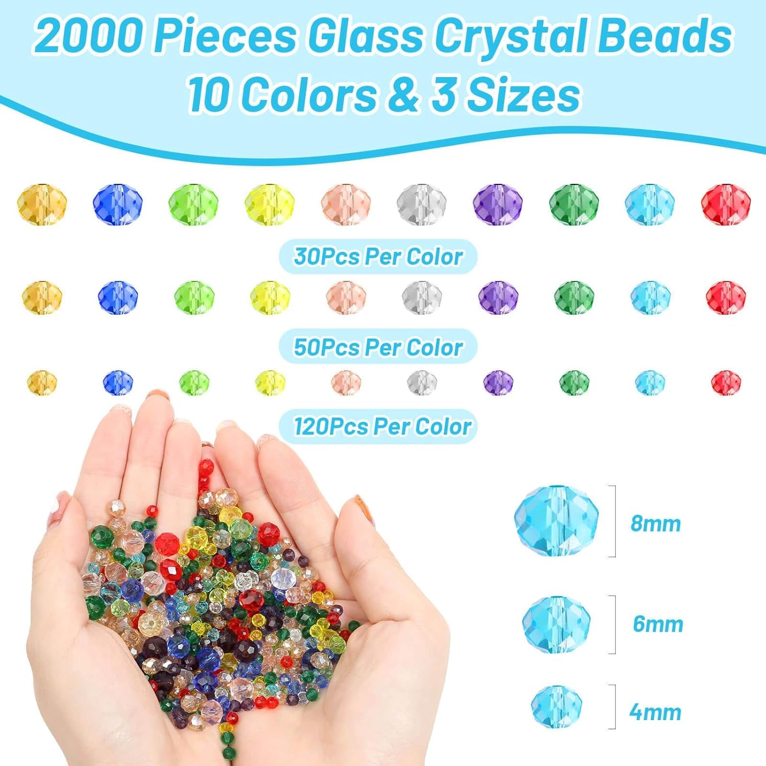 2000 Pcs Briolette Crystal Glass Beads for Jewelry Making, Rondelle Crystal Beads for Crafts and Suncatchers, 10 Coloers, 3 Sizes(4Mm, 6Mm, 8 Mm)