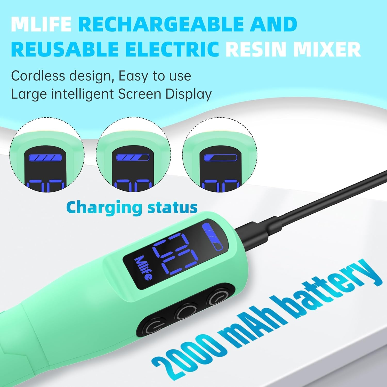 Epoxy Resin Mixer, Rechargeable Handheld Mixer, Epoxy Mixer for Resin with 4PCS Mixing Paddles,Resin Mixer Electric for Epoxy Resin, Silicone, Paint Mixing, DIY Crafts,Epoxy Stirrer(Light Green)