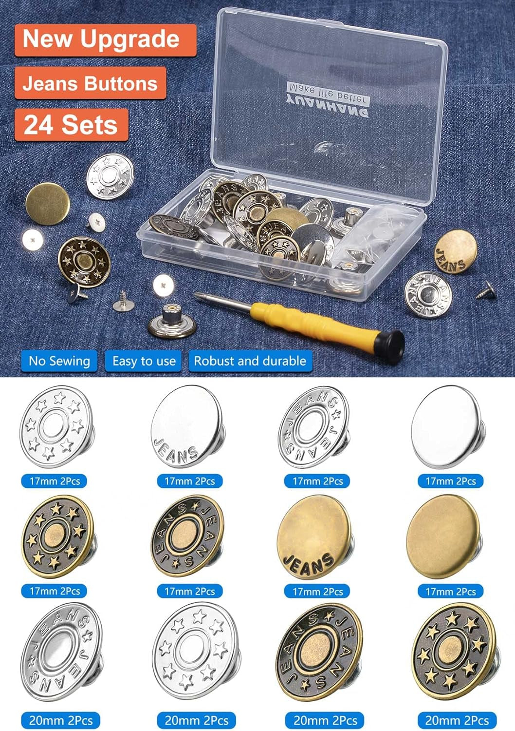 Jeans Button Replacement No Sew:  24 Sets Metal Buttons for Pants - Instant Adjustable Button - Tighten Waist Size by 1 Inch or Extend an Extra Inch - Contains a Removable Screwdriver