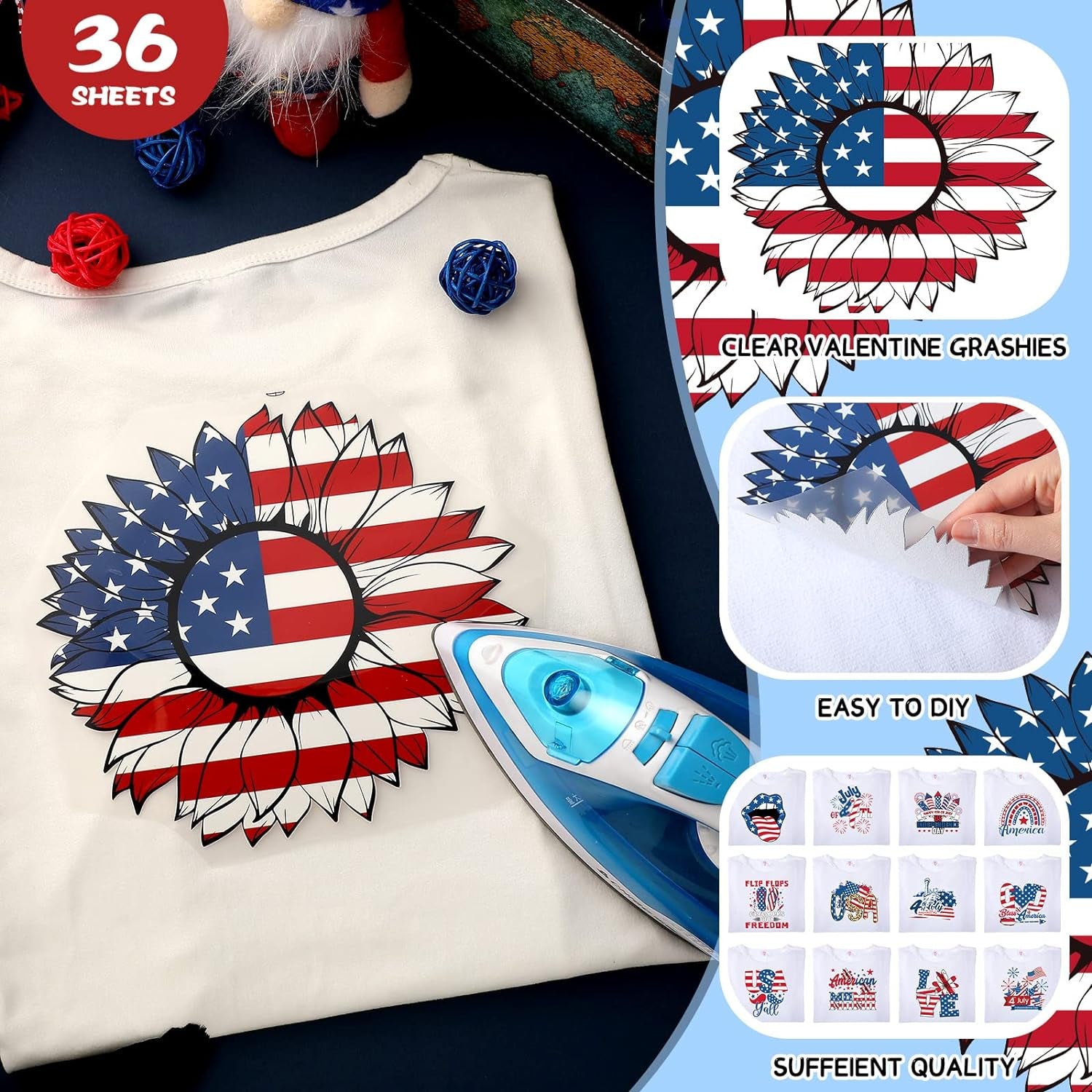 36 Pcs Patriotic Iron on Transfers 4Th of July Iron on Decals Patches Independent Day Western Heat Transfers Vinyl Decals for Clothes Bag Covers DIY Decorations