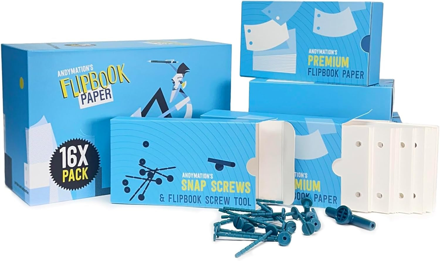 16X Flipbook Paper Pack, Refill Paper Sheets for All  Flipbook Kits, Premium Pre-Drilled Sheets for Perfect Registration, Snap Screws, Enough for 16 Flipbooks.