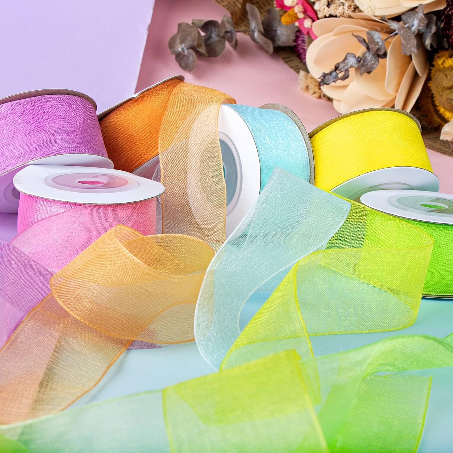6 Spools Ribbon Sheer Chiffon Ribbon Gift Wrapping Ribbon Summer Ribbon Organza Ribbon for Crafts, 1 Inch Wide 60 Yards