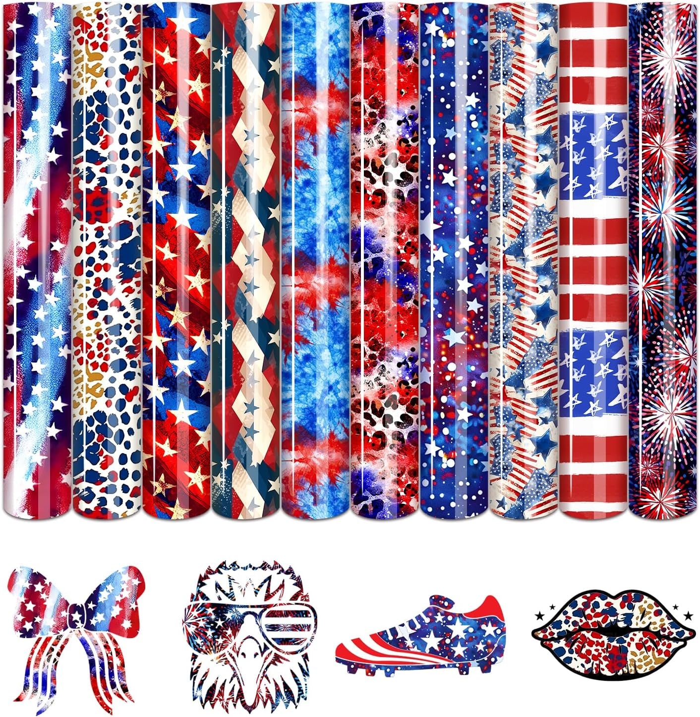 4Th of July American Flag HTV Vinyl - 10 Pcs 12Inches X10 Inches US Flag Patterned HTV Patriotic HTV Heat Transfer Vinyl Red White Blue HTV Iron on Vinyl Compatible with Cricut/Cameo