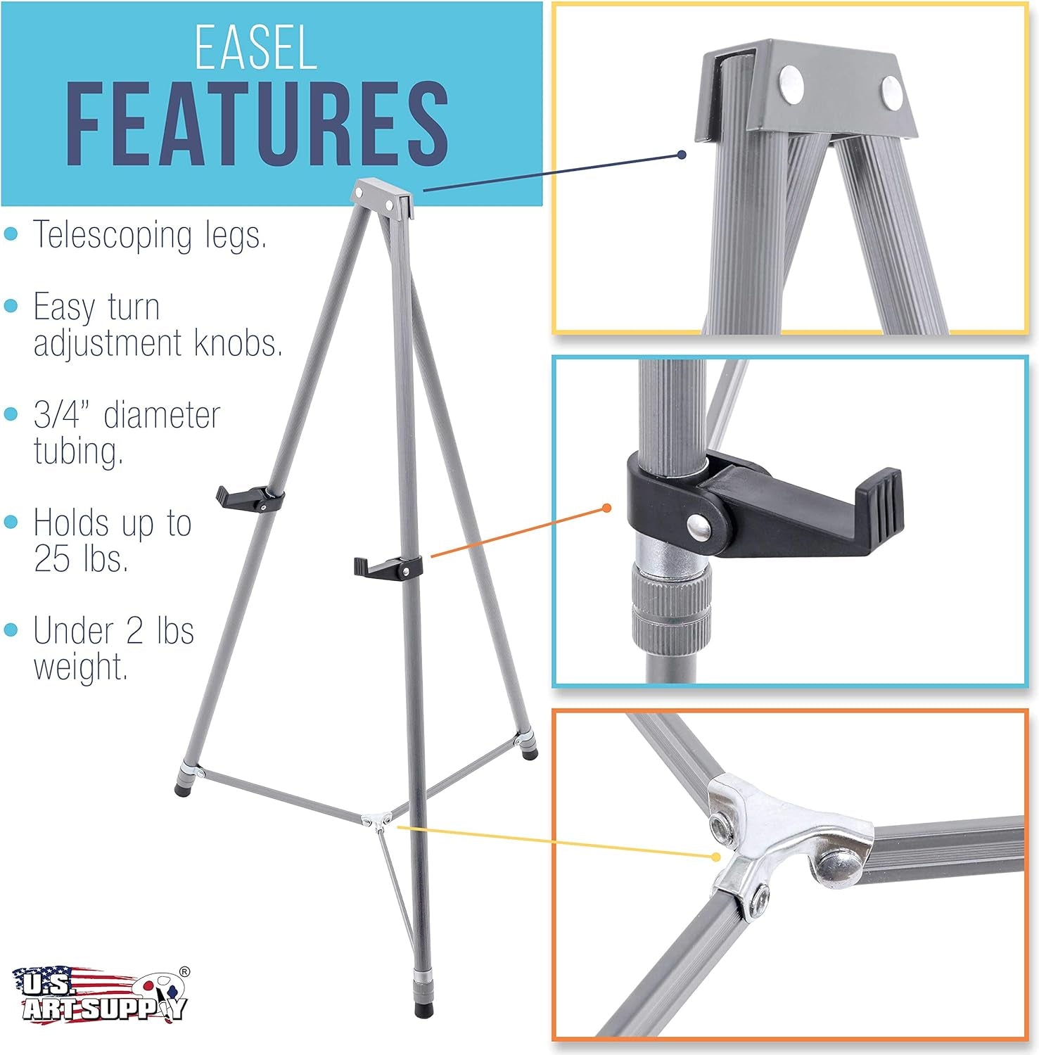 66" High Gallery Silver Aluminum Display Easel and Presentation Stand - Large Adjustable Height Portable Tripod, Holds 25 Lbs - Floor and Tabletop, Display Paintings, Signs, Posters