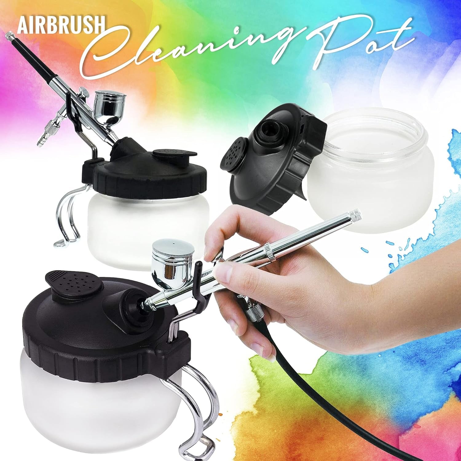 Airbrush Cleaning Kit - Airbrush Clean Pot Glass Cleaning Jar with Holder, 5Pc Cleaning Needles, 5Pc Cleaning Brushes, 1 Wash Needle, 2 Extra Filters