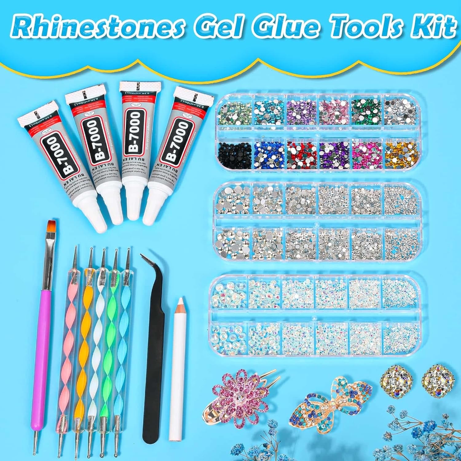 B7000 Jewelry Glue with Rhinestones for Crafts, 4500Pcs Rhinestones with Gems Adhesive for Shoes Cloth Fabric with Picker Pencil for Crafting Diamond Art Graduation Cap Decorations