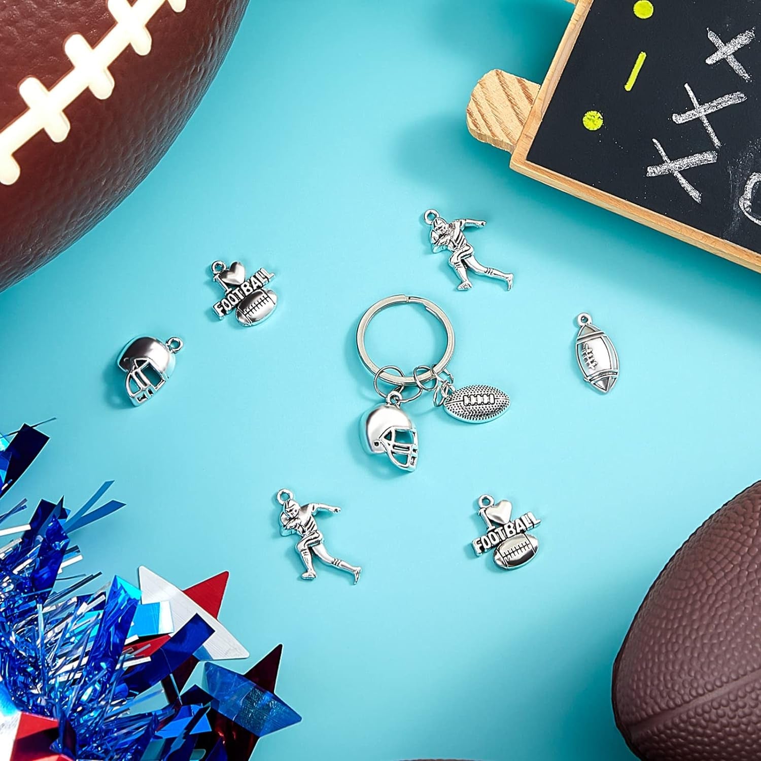 70 Pieces Football Charms Mixed Silver Football Player'S Bat Beads Pendants Necklace Crafting Sport Charms Jewelry Making Findings Accessory DIY Necklace Bracelet