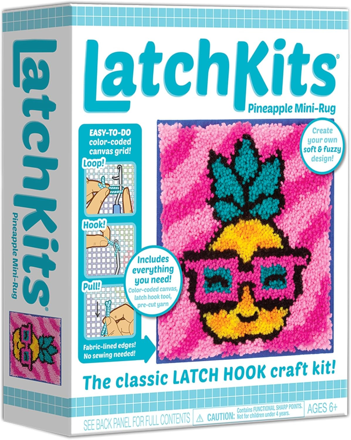 Latchkits  for Wall Hangings & Mini-Rugs - Pineapple - Craft Kit with Easy, Color-Coded Canvas, Pre-Cut Yarn & Latch Hook Tool - Perfect DIY Craft for Kids - Ages 6 and Up, Small, Multi