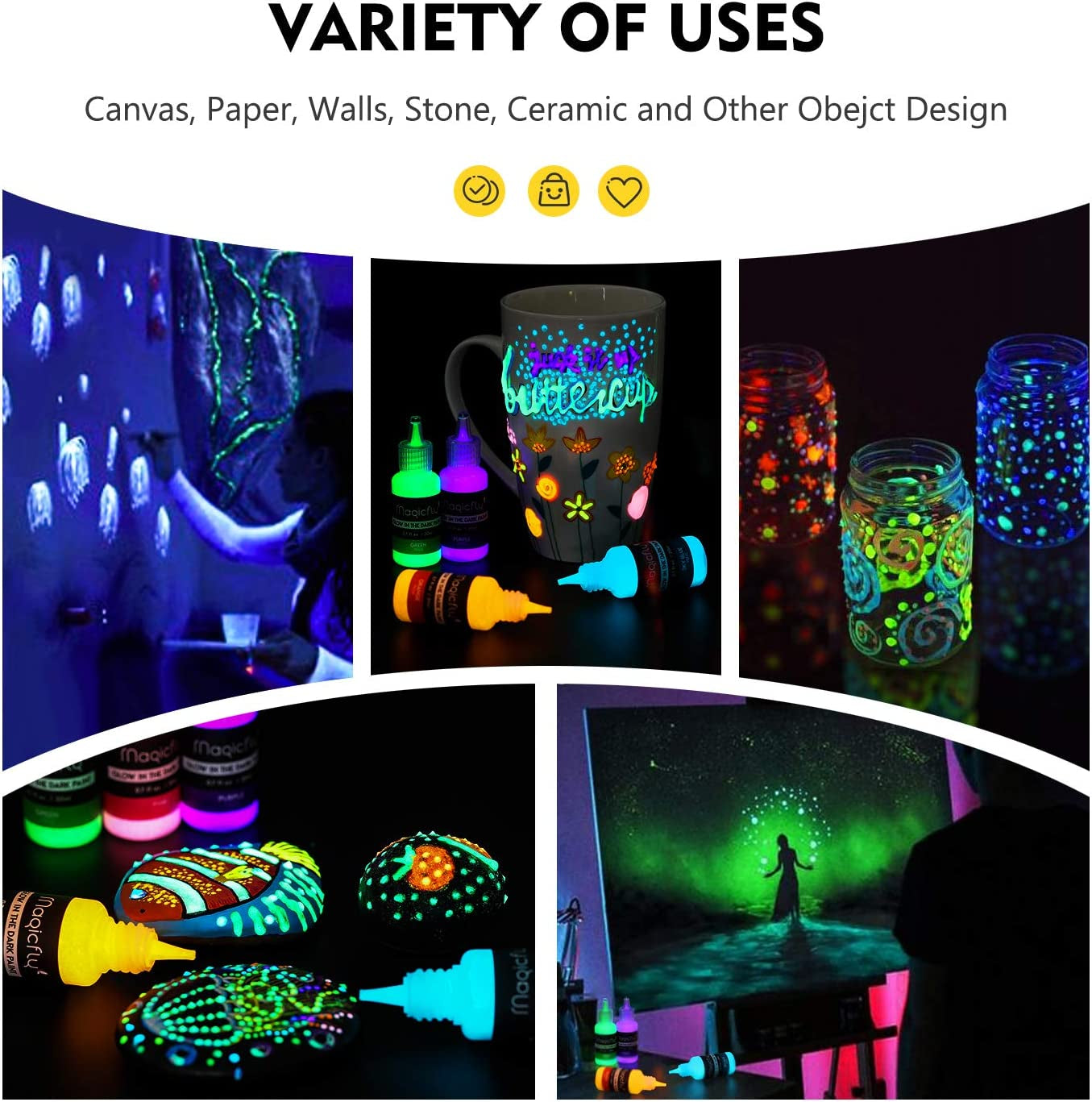 Acrylic Glow in the Dark Paint, 10 Bright Colours Liquid Luminous Paint, Neon Paints Glow in Dark for Painting, Halloween Decoration, DIY Crafts, 20 Ml Each