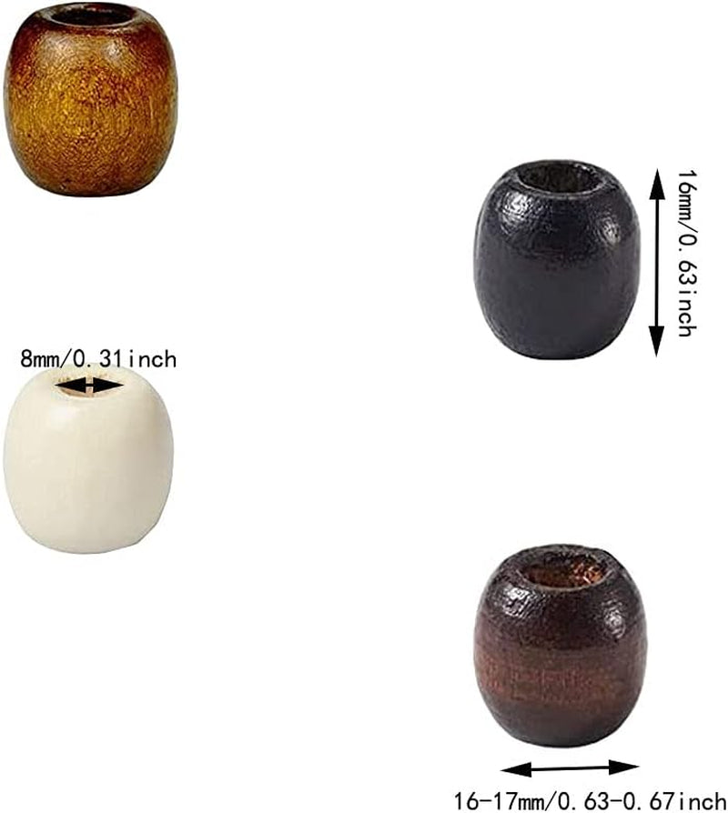 200Pcs Large Hole Barrel Wood European Loose Beads 4 Colors Natural Wooden Dreadlock Hair Braid Beads for Hair Braids Jewelry Bracelet Necklace Making 16X16-17Mm