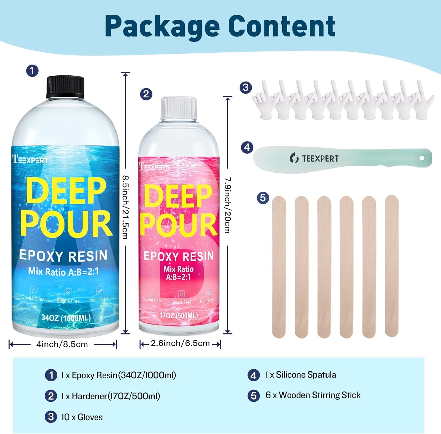 Deep Pour Epoxy Resin, 51Oz Epoxy Resin Kit for 2-4&quot; Pour Depths, Crystal Clear &amp; High Gloss, Bubble-Free Casting Resin for Flower Preservation, River Tables and Mold Crafts - 2:1 Mix Ratio