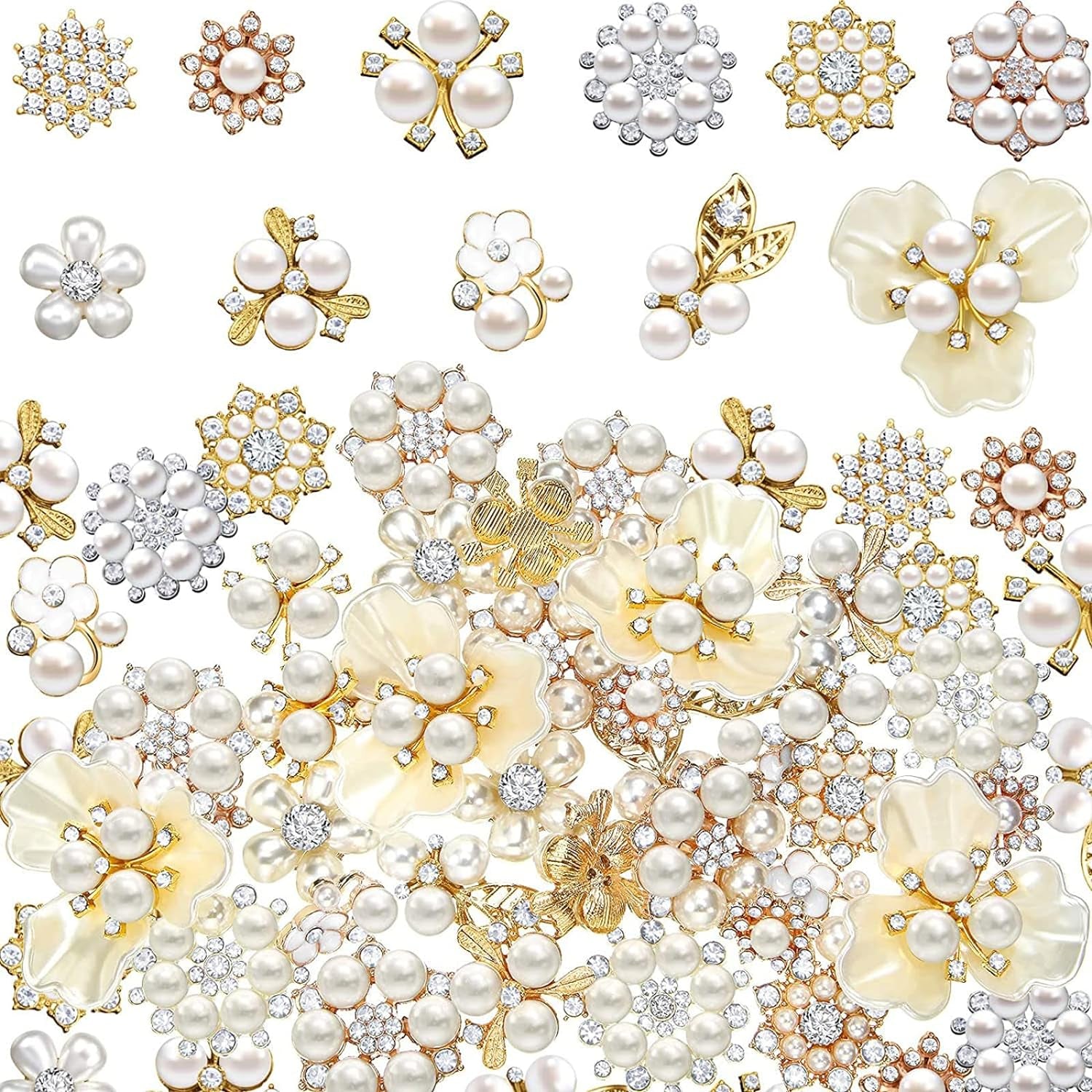 66 Pieces Craft Pearl Crystal Rhinestone Buttons Flower Faux Pearl Bouquet Embellishments for Crafting Flat Back Decorative Button DIY Jewelry Making Supplies Wedding Bouquet Jewelry (Silver)