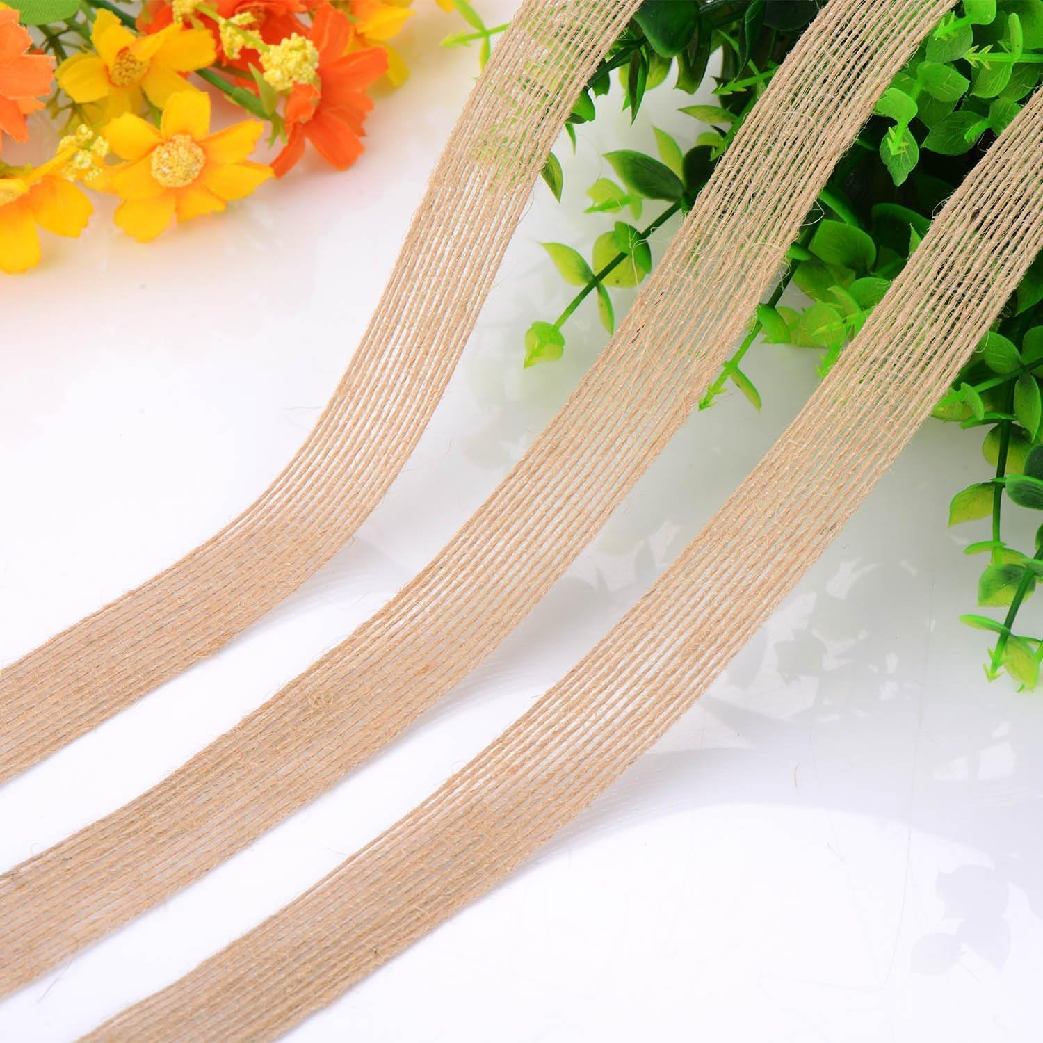 2 Rolls Natural Burlap Fabric Ribbon Wedding Events DIY Craft Ribbon Brown Rustic Ribbon for Floral Garland Scrapbook Wrapping Home Decor, 10 Meters Each Roll