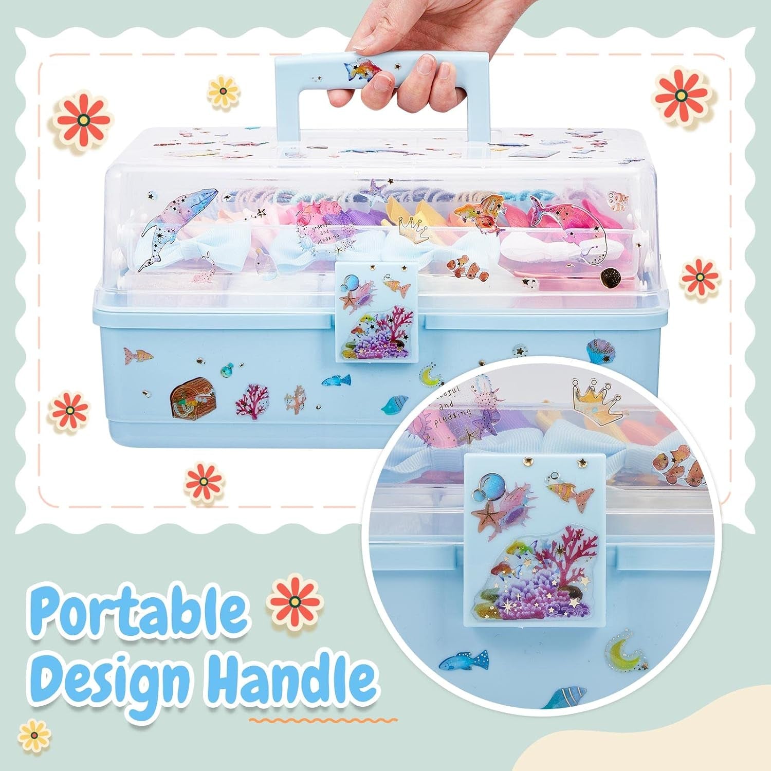 Hair Accessories Organizer 13 Inch Hair Accessories Storage Box with Fold Tray and Handle 3 Layers Plastic Tool Box Hair Accessories Organizer Box for Art Sewing Nail with Stickers (Blue)