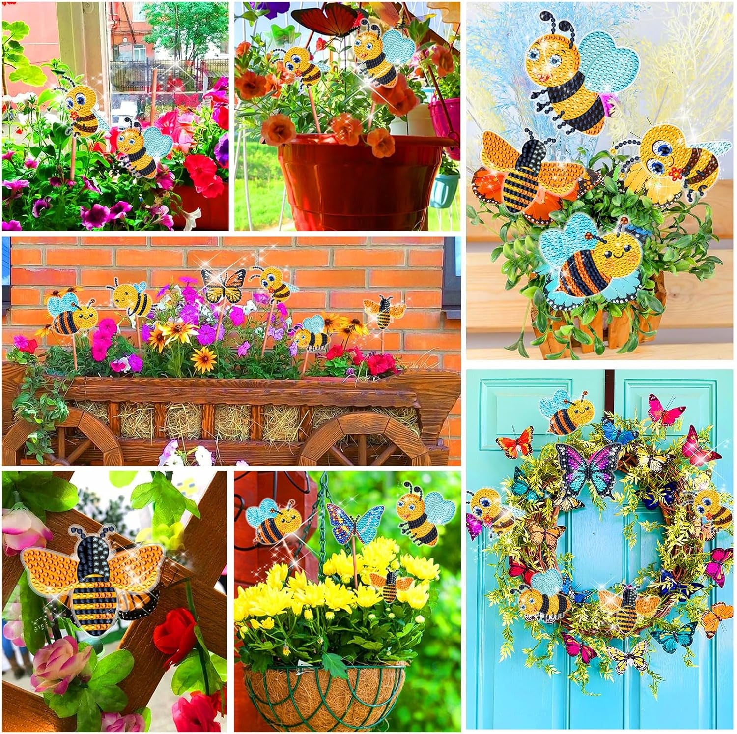 8 Pcs Diamond Art Kits, Bee Style Diamond Art Kits for Garden Decor, Garden Stakes Diamond Art Kits for Adults, DIY Diamond Art Accessories
