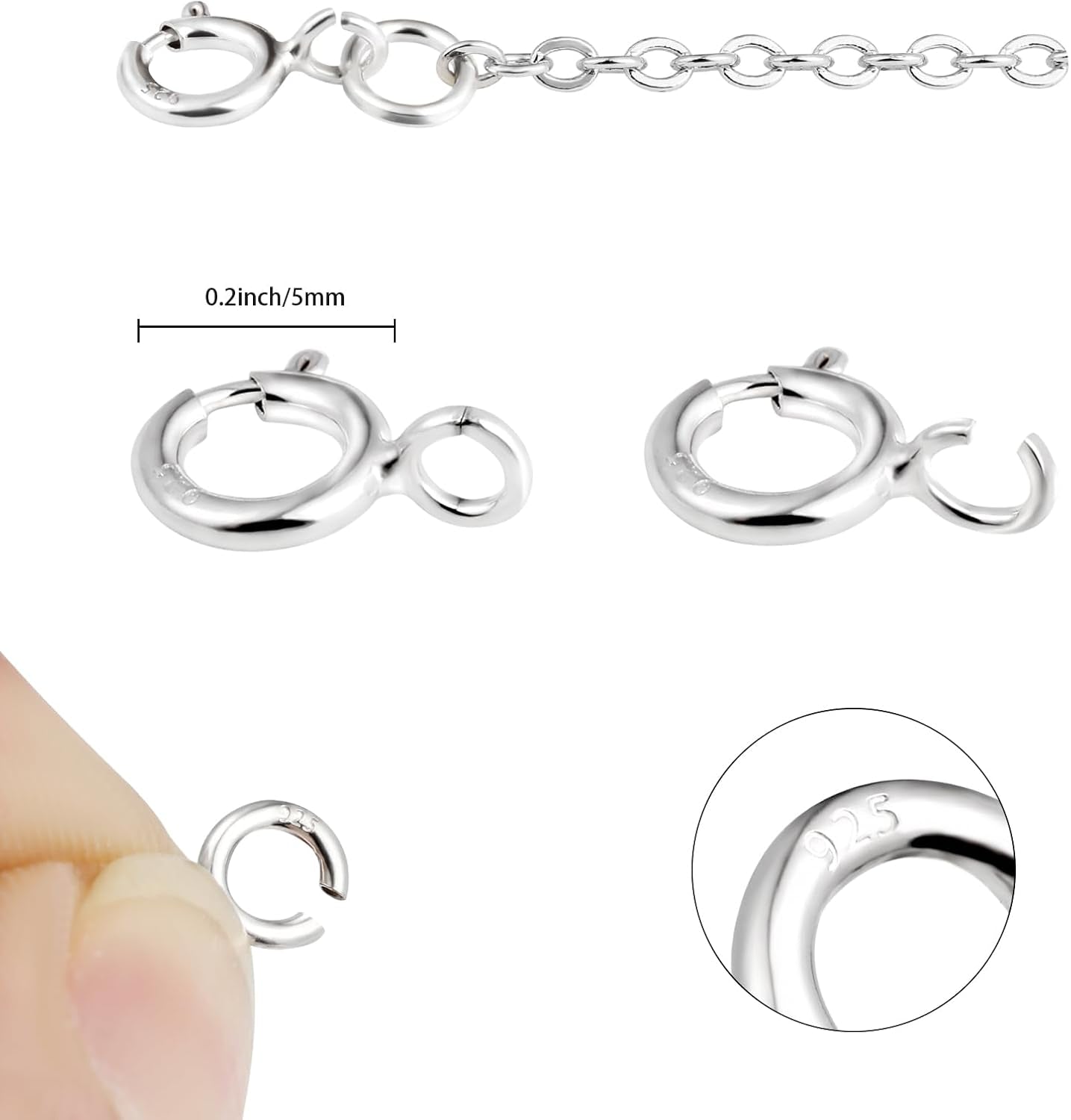 925 Sterling Silver Necklace Clasps - 5Mm Spring Clasps for Jewelry Making, Sterling Silver 4Mm Jump Rings, Jewelry Clasps and Closures, Suitable for Jewelry Making Necklace (Sterling Silver)