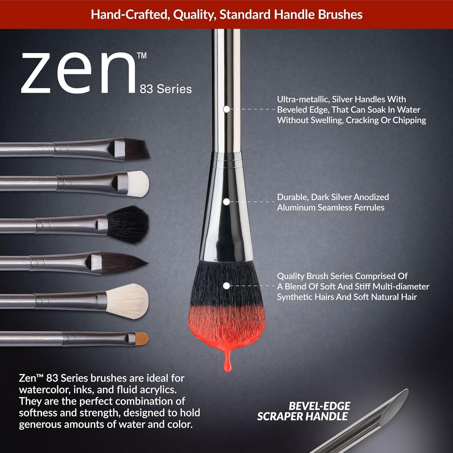 , Zen Series 83, Set of 5 Brushes, Standard Handle, Synthetic Filament, Natural Hair, Stiff Scrubber 2, 8, 14, Scrubber 6, 10, RZEN-SET835