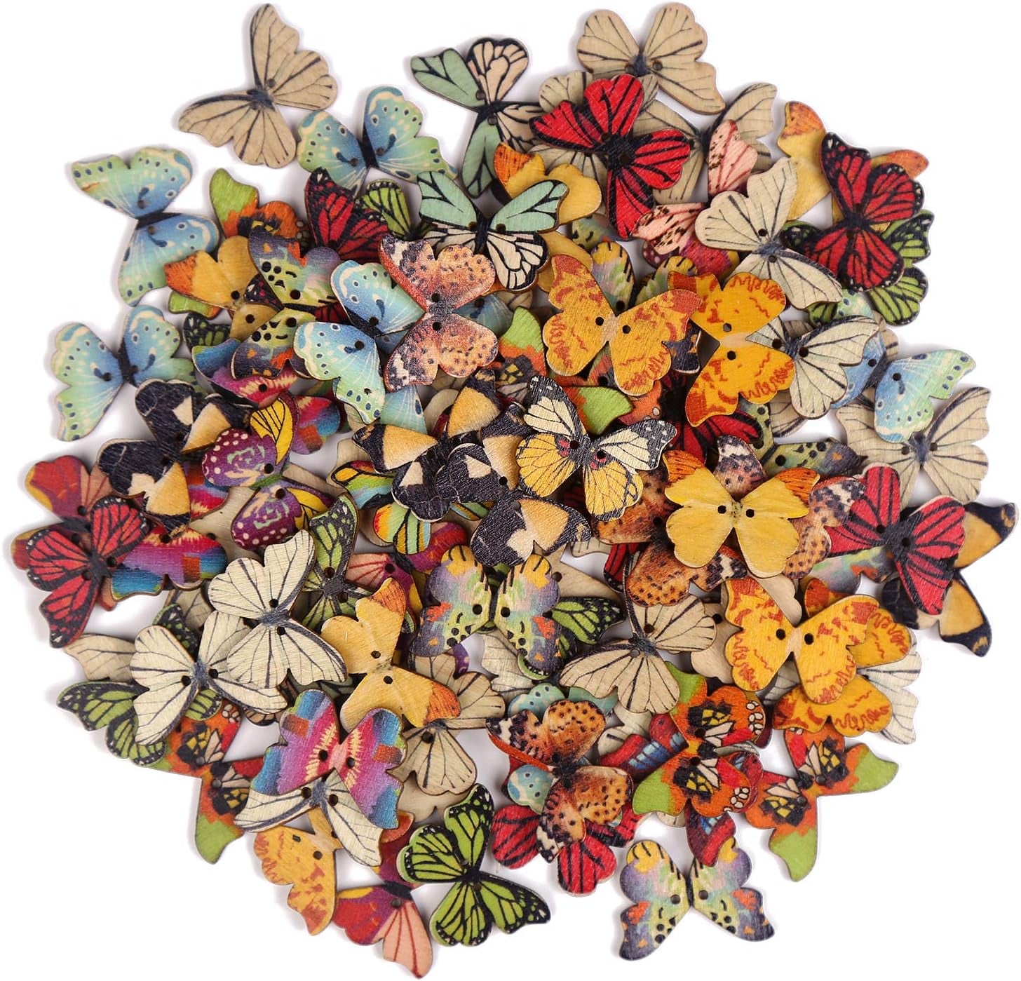 100 PCS Butterfly Wooden Buttons,1 Inch Colorful 2 Holes Mixed Decorative Buttons for DIY Sewing&amp;Wood Craft Clothes Accessories