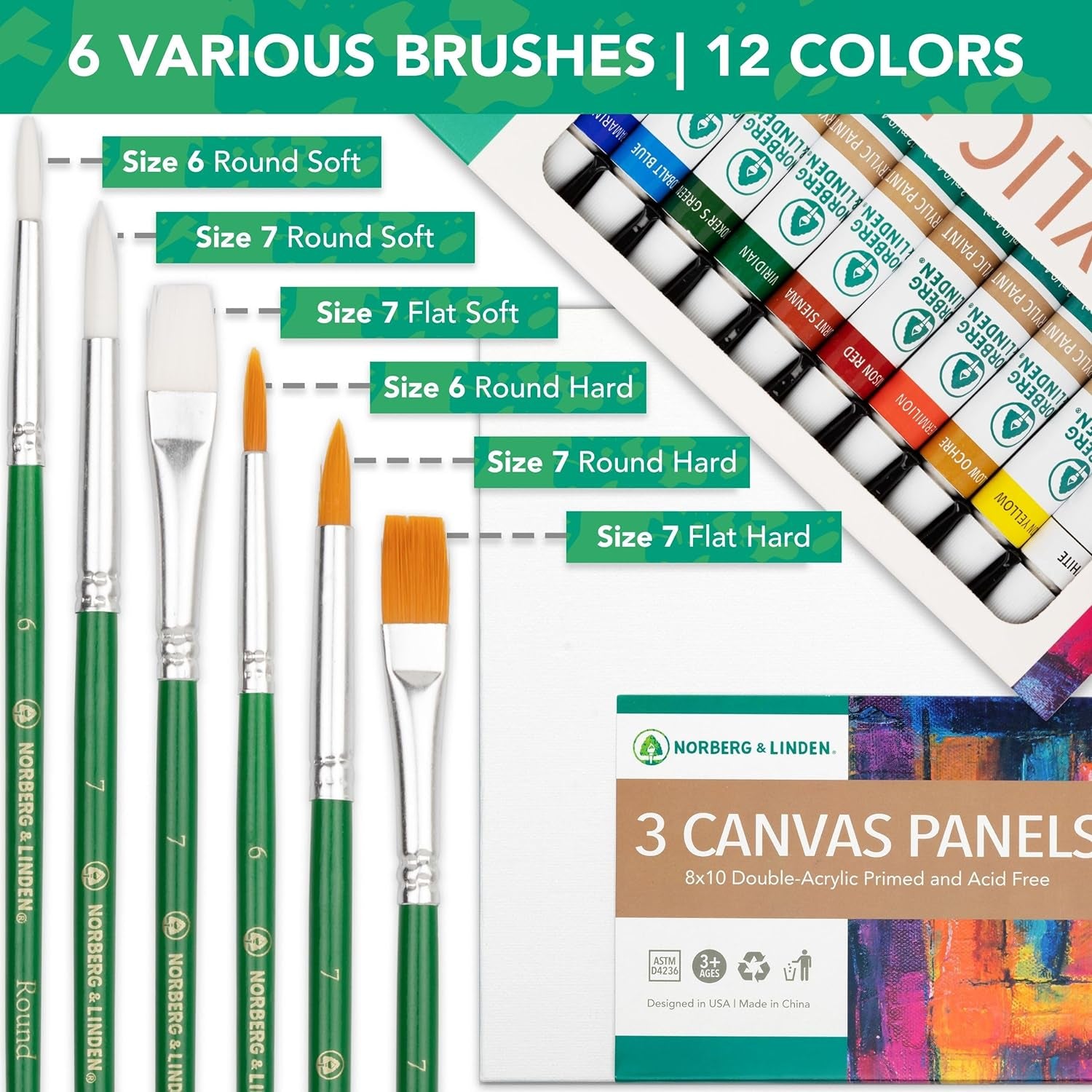 Acrylic Paint Set - Canvas and Acrylic Paint Sets for Adults, Teens, Kids - Includes 12 Vivid Colors, 3 Painting Canvas Panels & 6 Assorted Brushes
