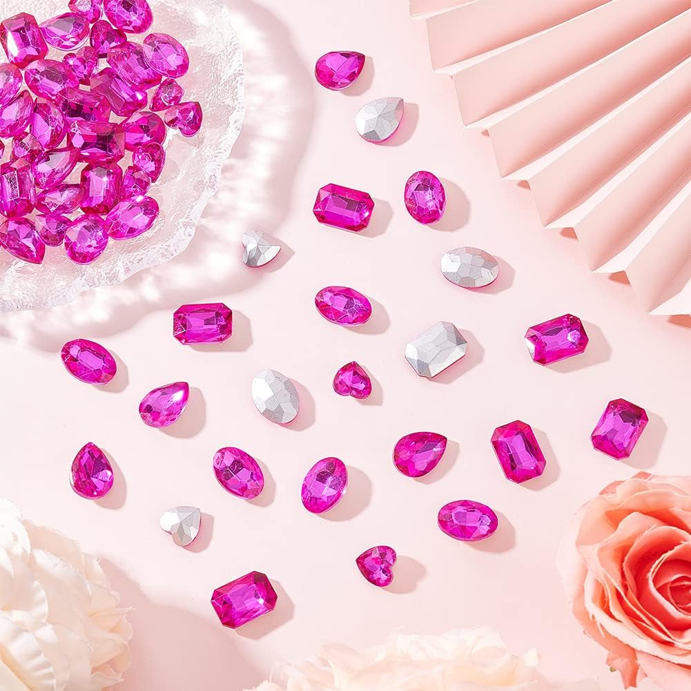 64 Pcs 4 Shapes Pointed Back Rhinestone 18Mm Glass Rhinestones Gems Fuchsia Rectangle/Teardrop/Heart/Oval Jewels Embelishments with Silver Plated Back Crystals Stones for Jewelry Making