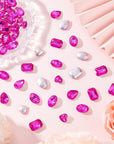 64 Pcs 4 Shapes Pointed Back Rhinestone 18Mm Glass Rhinestones Gems Fuchsia Rectangle/Teardrop/Heart/Oval Jewels Embelishments with Silver Plated Back Crystals Stones for Jewelry Making