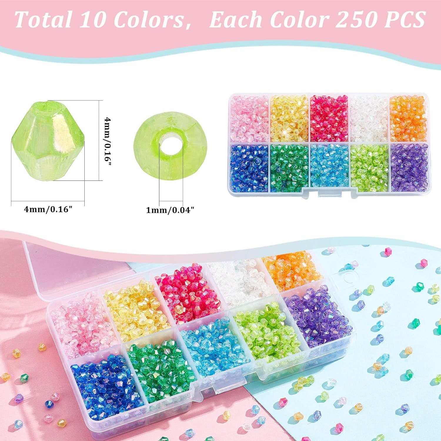 2500Pcs Faceted Acrylic Beads 4Mm Colorful Beads 10 Color Crystal Bicone Beads Loose Beads Assortment Craft Seed Beads for Earring Bracelet Necklace Keychain Flower Jewelry Making