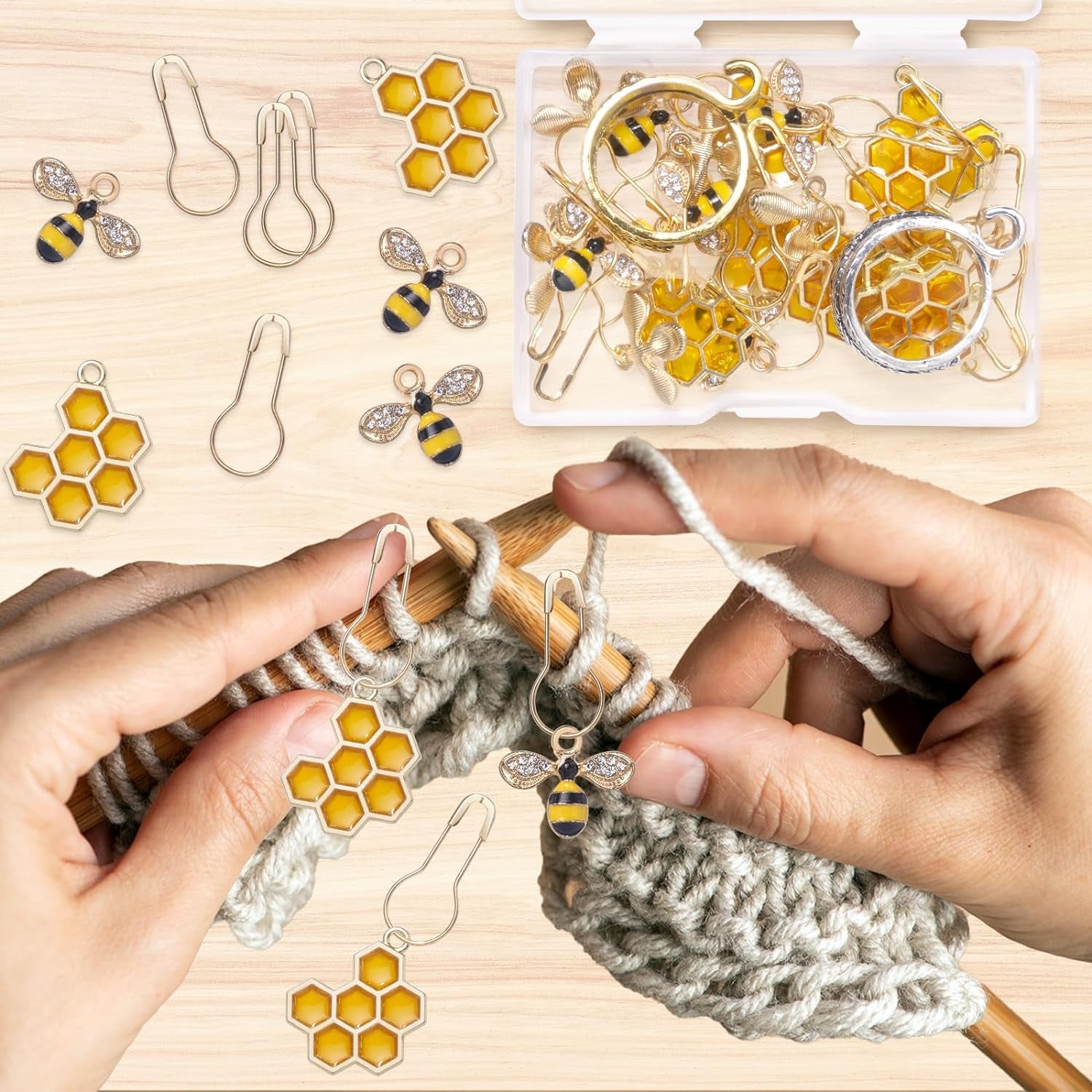 20 Pcs Cute Bee Honeycomb Stitch Marker, 2 Pcs Adjustable Knit Crochet Loop Ring for Crocheting and Knitting, Alloy Crochet Stitch Marker Knitting and Crocheting Accessories