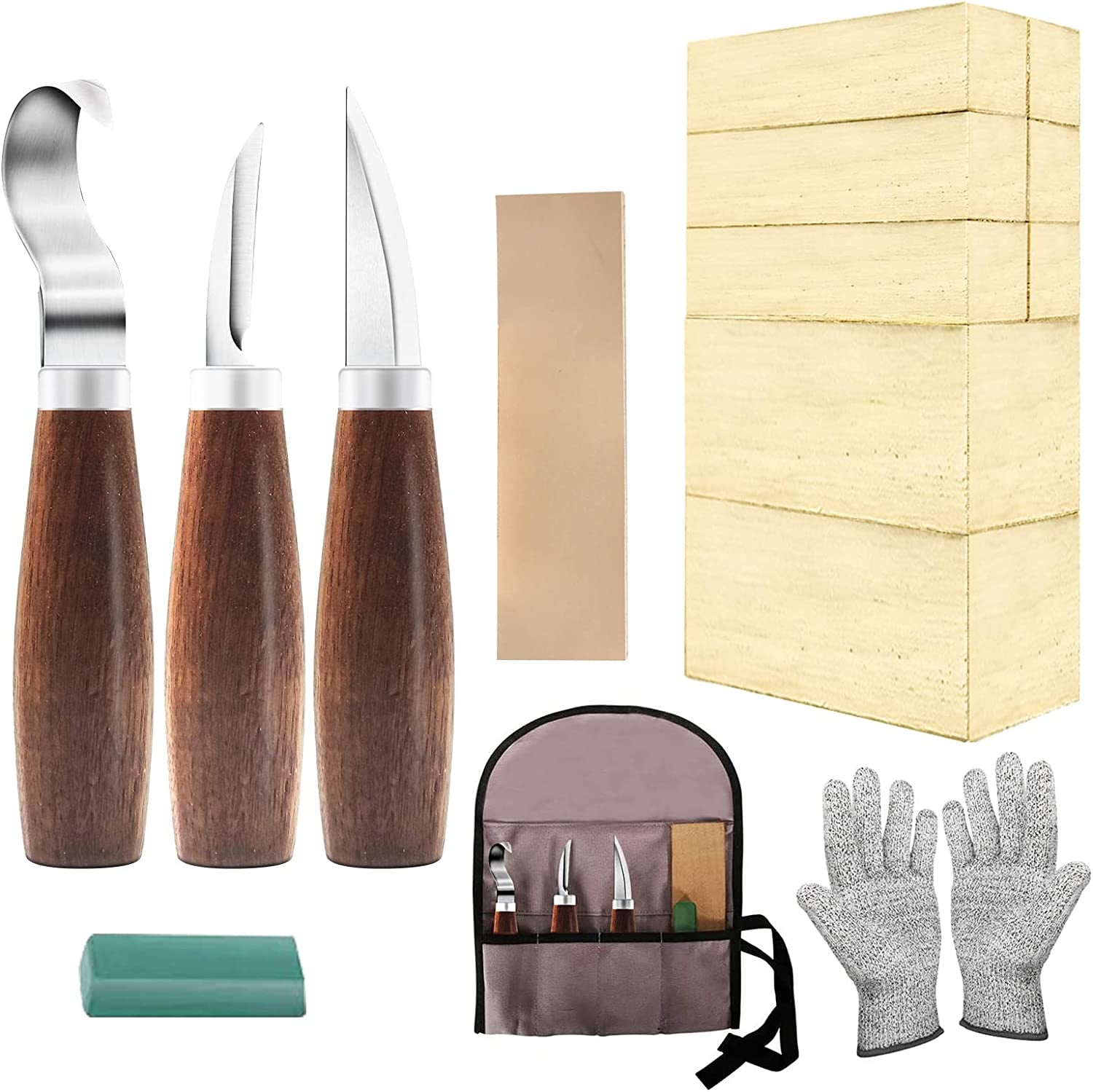 Wood Whittling Kit with Basswood Wood Blocks Gifts Set for Adults and Kids Beginners, Wood Carving Kit Set Includes 3Pcs Wood Carving Knife & 8Pcs Blocks & Gloves for Widdling Kit