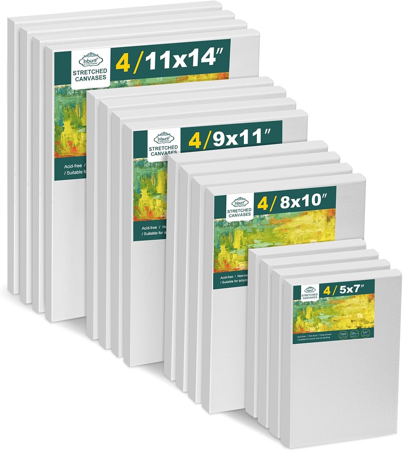12 Pack Stretched Canvases for Painting with 11X14, 9 X12, 8X10, 5X7(3 of Each), Blank Primed Canvas for Oil, Acrylic &amp; Others, Multi Size Set for Artist, Student and Beginners