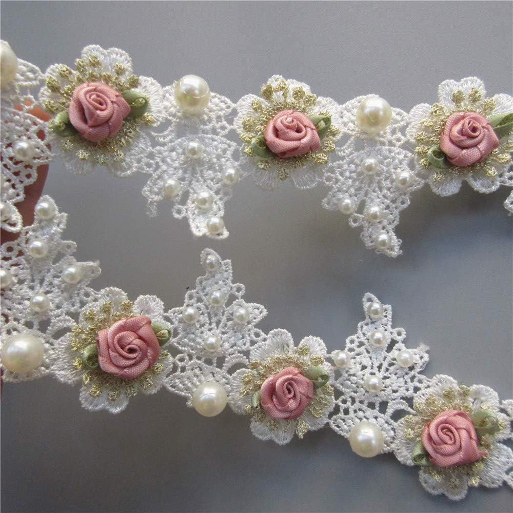 1 Yard Vintage Gold Pearl Rose Flowers Embroidered Lace Trim Fabric Floral Appliques Lace Ribbon Bridal Ornaments Handmade DIY Sewing Supplies Craft for Costume Hat Decoration 1.96" Wide