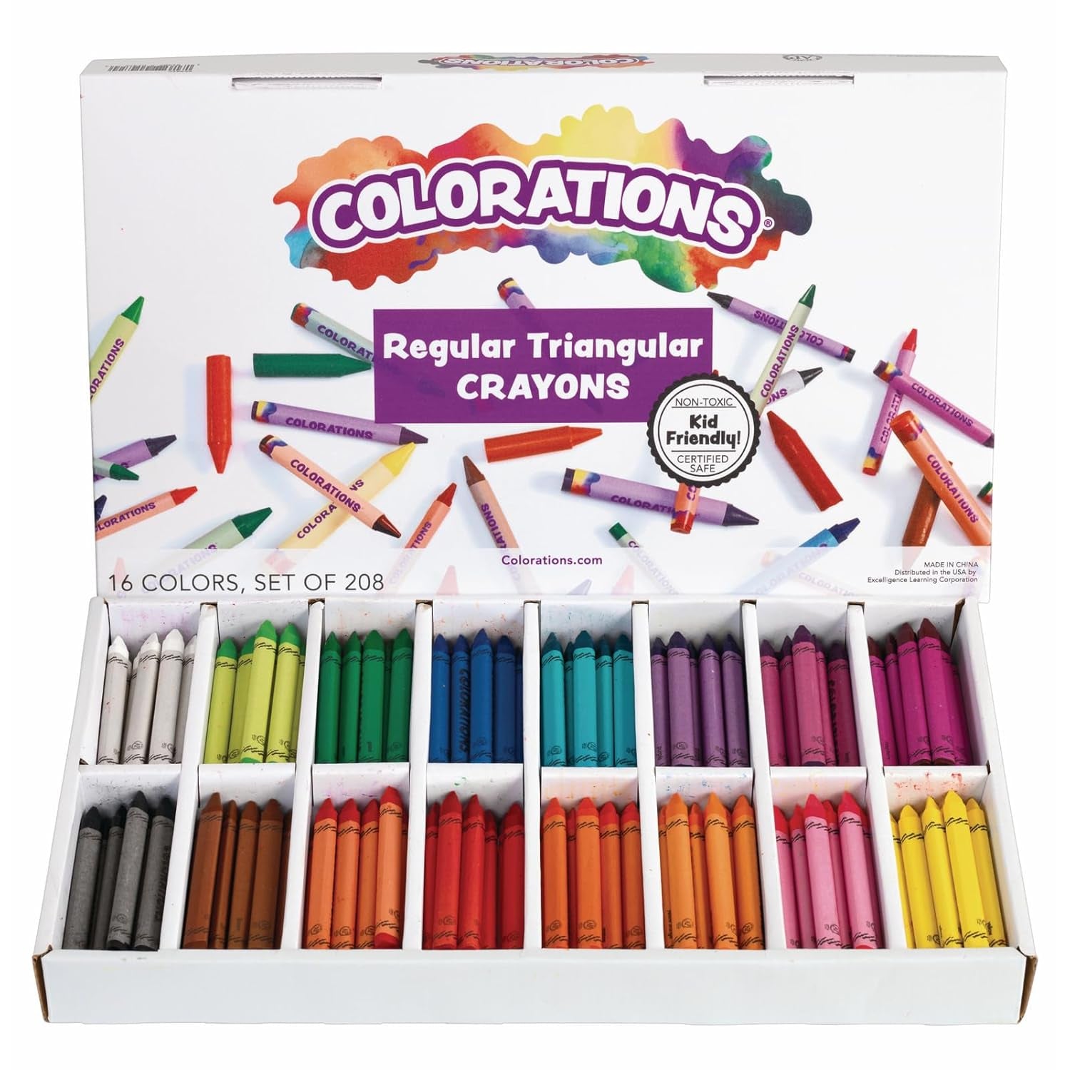 Regular Size Triangular Crayon Class Pack, 16 Colors, 13 of Each, Set of 208, Easy to Hold & Grip, Toddler Crayons, Non Toxic Crayons, Kids Crayons, Bulk School Supplies, Triangle Crayons