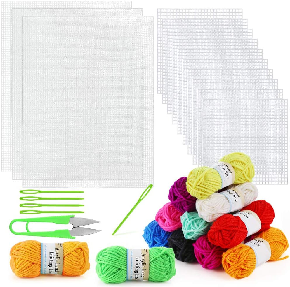 33 Pieces Mesh Plastic Canvas Sheets Kit Including 15 Pieces Clear Plastic Canvas, 12 Color Acrylic Yarn and Embroidery Tools for Embroidery Plastic Canvas Craft