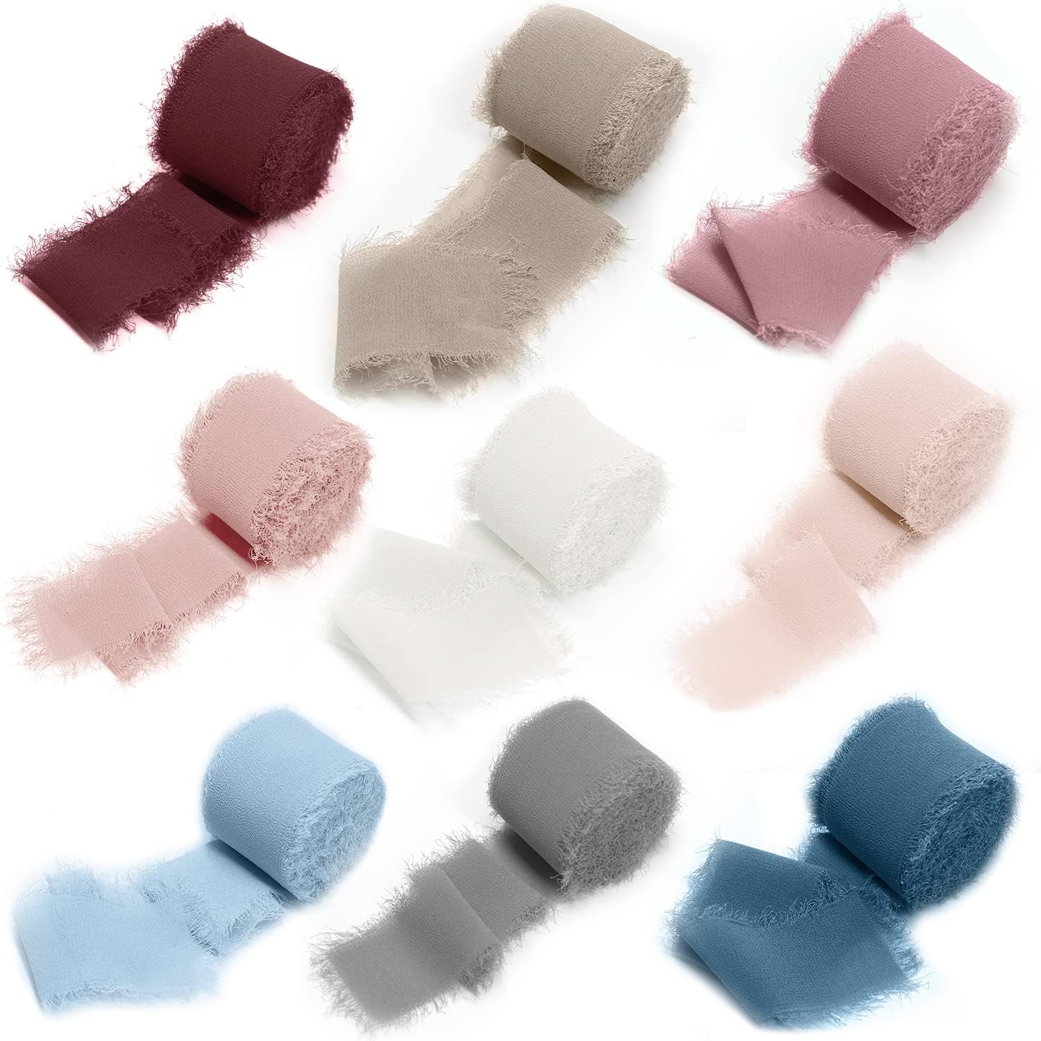 Chiffon Ribbon Fringe Silk Ribbon 9 Rolls Handmade Frayed Edges Ribbon 1.5 Inch X 3 Yard Fabric Boho Ribbon for Gift Wrapping Wedding Invitations Decoration DIY Craft Bridal Bouquets