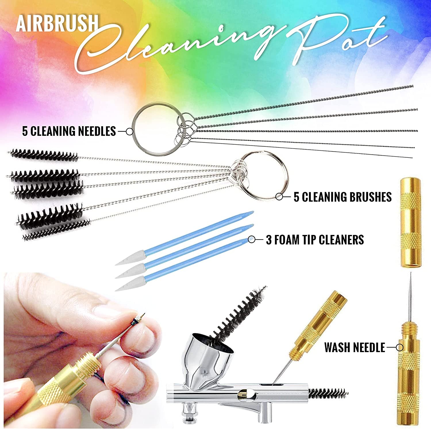 Airbrush Cleaning Kit - Airbrush Clean Pot Glass Cleaning Jar with Holder, 5Pc Cleaning Needles, 5Pc Cleaning Brushes, 1 Wash Needle, 2 Extra Filters