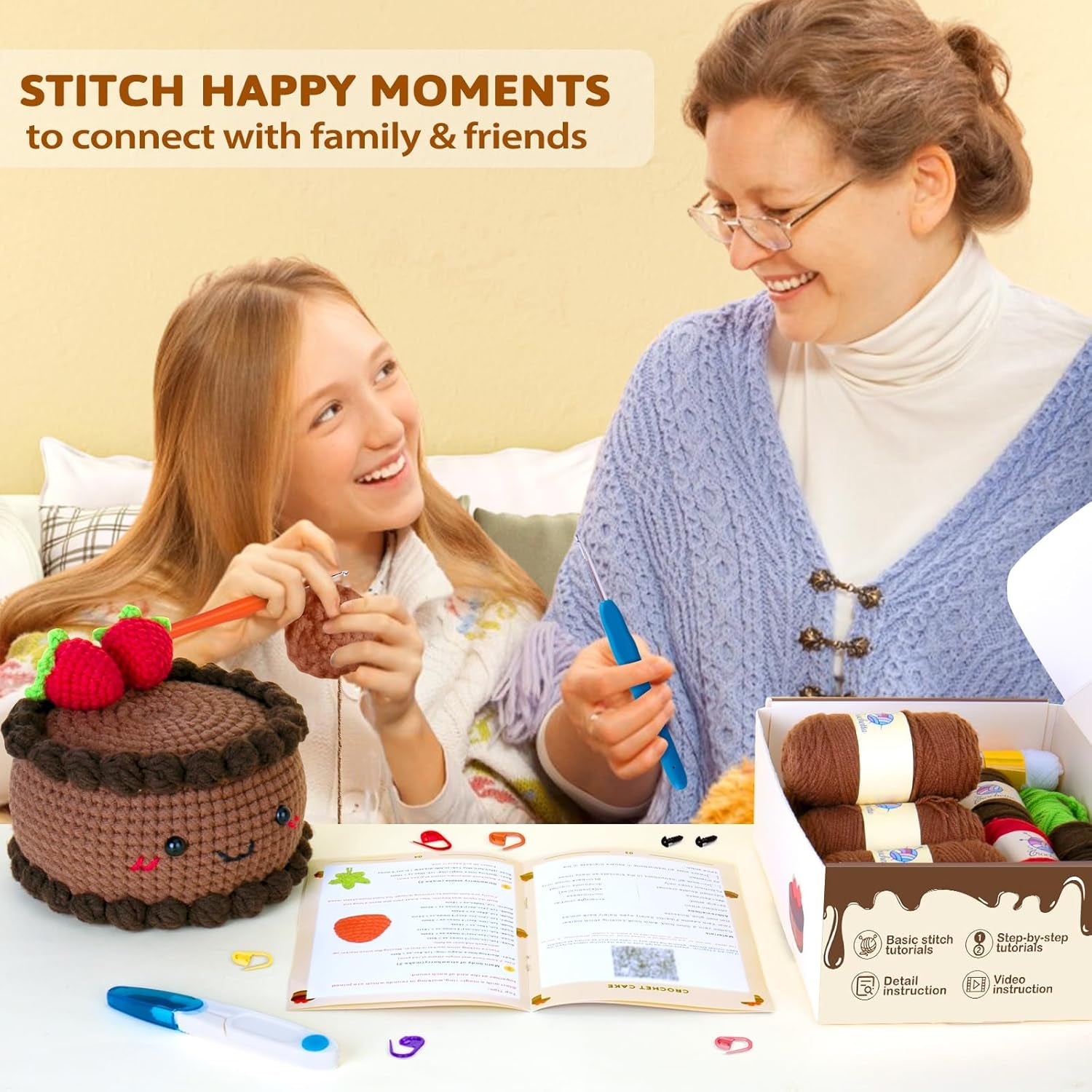 Crochet Kit for Beginners, Crochet Starter Kit with Step-By-Step Video Tutorials, Crochet DIY Knitting Supplies for Adults Kids, Chocolate Strawberry Cake(40%+ Yarn)