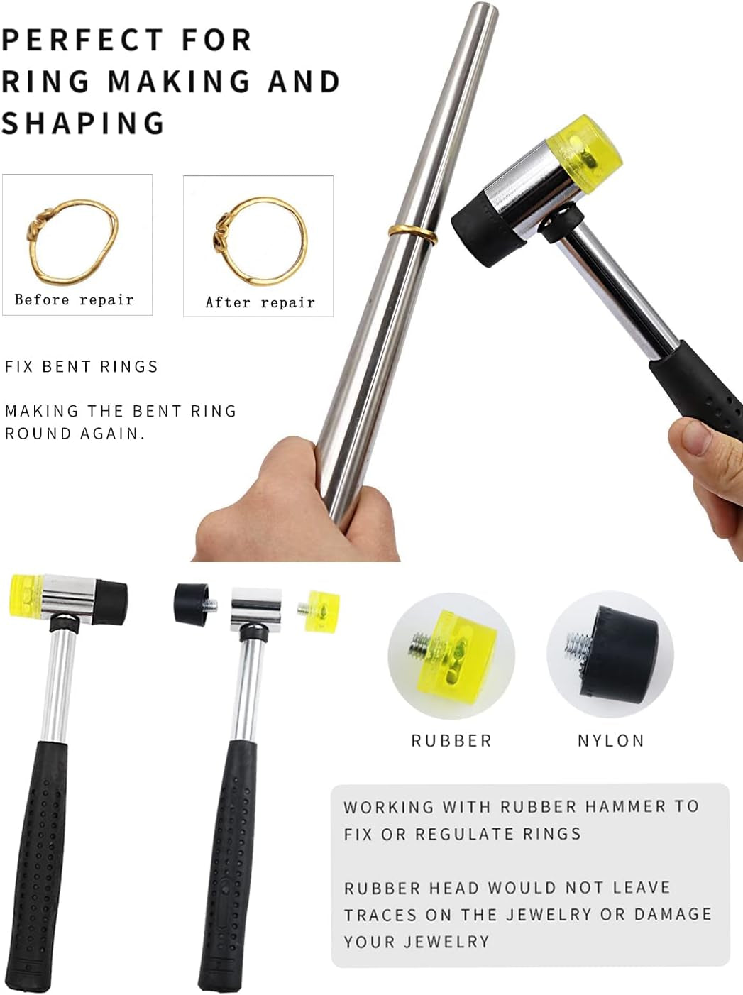 Ring Sizer Mandrel Measuring Tool Steel Ring Sizing Gauge Sizers Set Rubber Jeweler'S Mallet Hammer Metal Finger Size Stick Wire Wrap Rings Tools Jewelry Making Kit