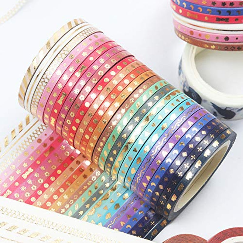 24 Rolls Skinny Washi Tape Set Gold Foil Print Decorative Tapes for Arts, DIY Crafts, Journals, Planners, Scrapbooking, Wrapping (Slim 3Mm)
