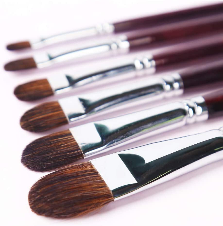 Red Sable Filbert Paint Brushes 6Pcs for Watercolor, Acrylic, Oil, Tempera and Gouache Painting