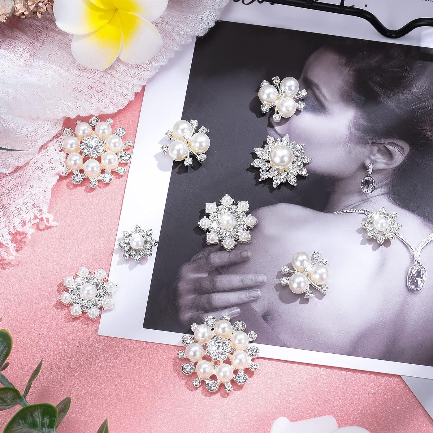 66 Pieces Craft Pearl Crystal Rhinestone Buttons Flower Faux Pearl Bouquet Embellishments for Crafting Flat Back Decorative Button DIY Jewelry Making Supplies Wedding Bouquet Jewelry (Silver)