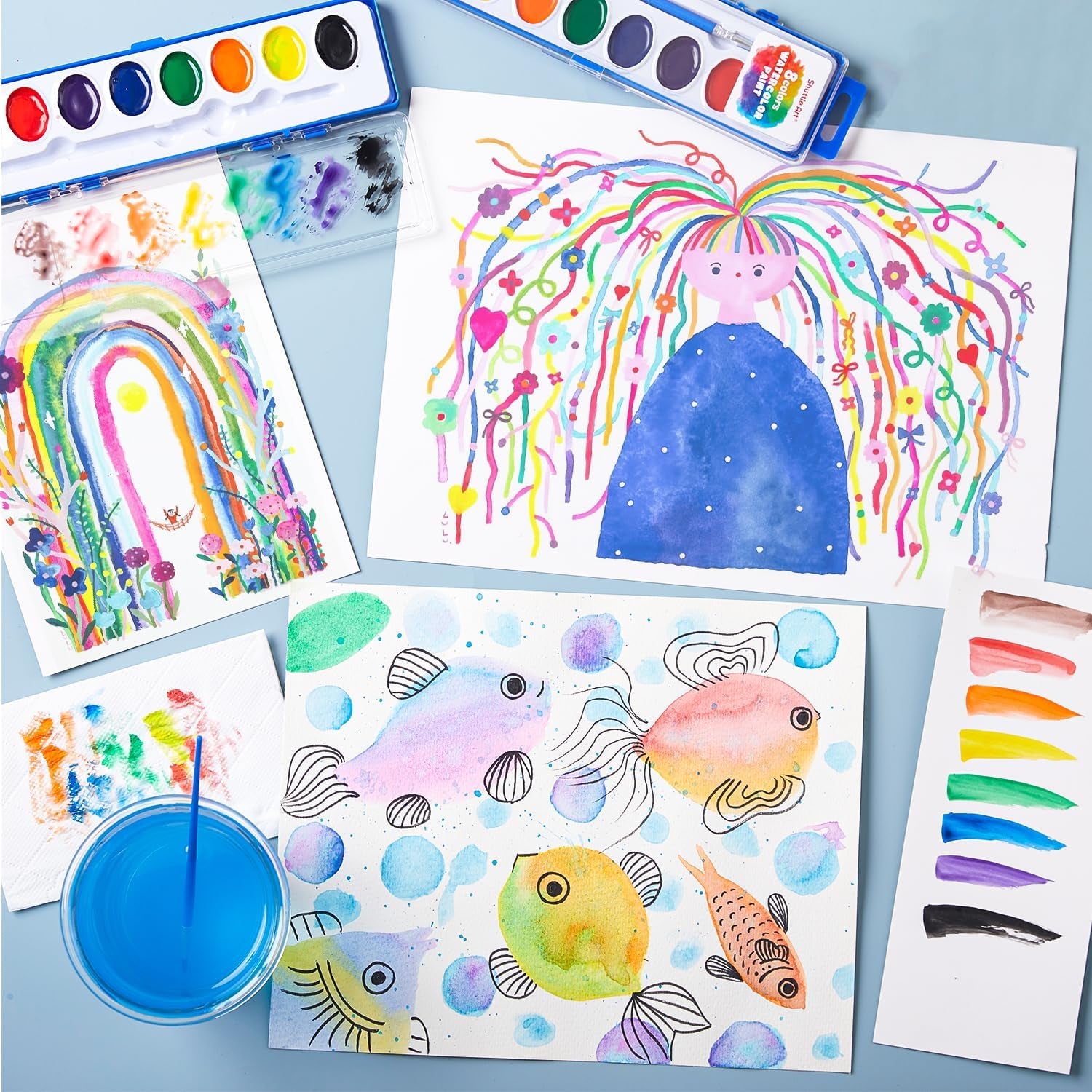 8 Colors Watercolor Paint Set Bulk, Pack of 40, Watercolor Paint Set with Paint Brushes for Kids and Adults, Washable Paint for Classroom, Parties, Kindergarten and Art Activities