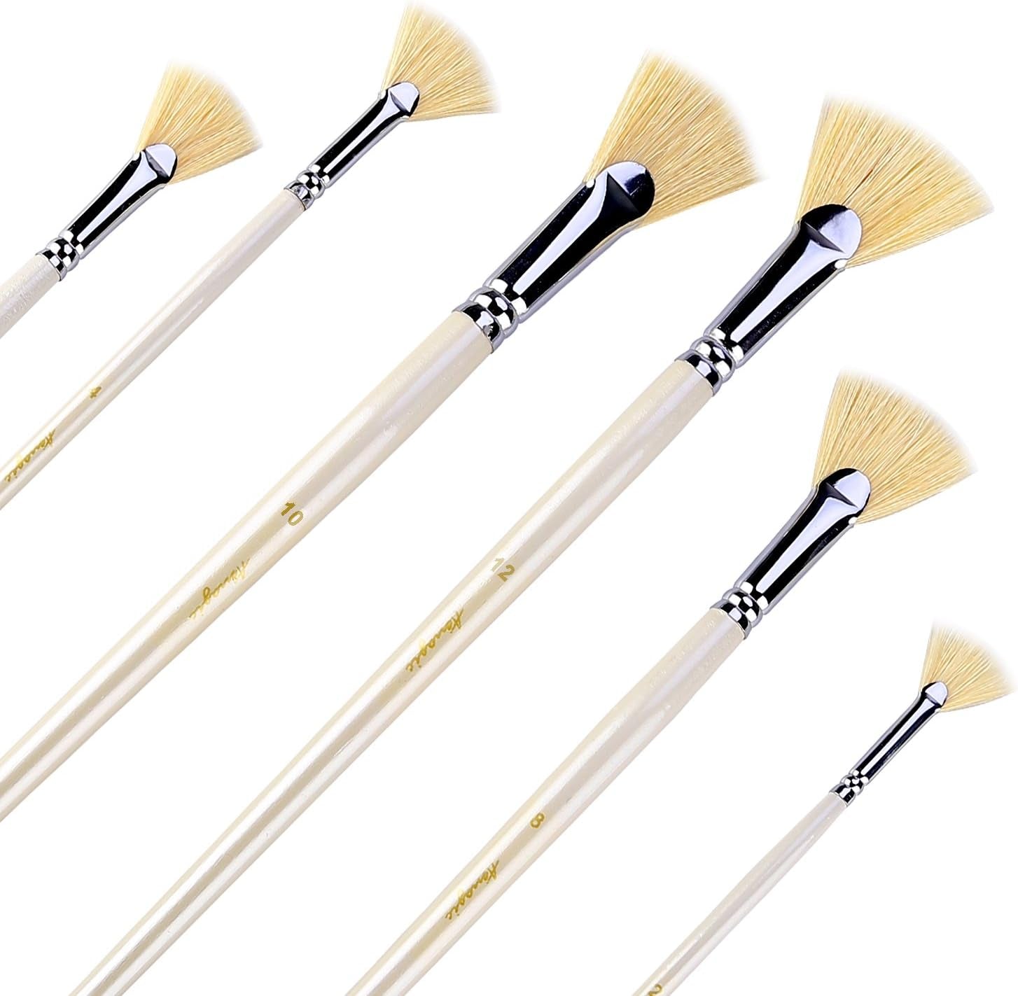 Fan Brush Set - Hog Bristle Natural Hair - Artist Soft Anti-Shedding Paint Brushes for Acrylic Watercolor Oil Painting, Long Wood Handle with Case, Set of 6