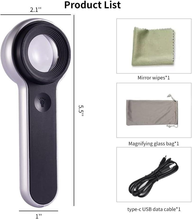 60X Illuminated Rechargeable Magnifier with Dual Coated Lenses, LED/UV Illuminated, Designed for Restoration Jewelry Identification, Close Work, Repair, Gardening, Stamps, Rock Collecting