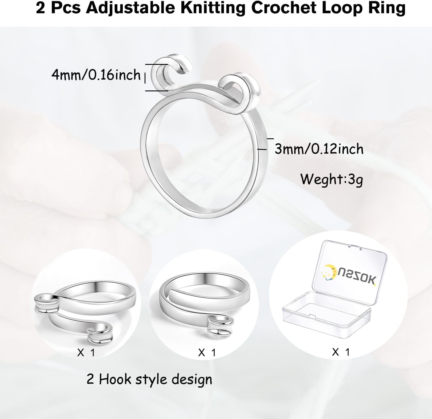 Adjustable Crochet Ring for Finger,Braided Knitting Ring with Plastic Box Yarn Tension Rings for Crocheting Knitting Accessories 2 Styles Silver