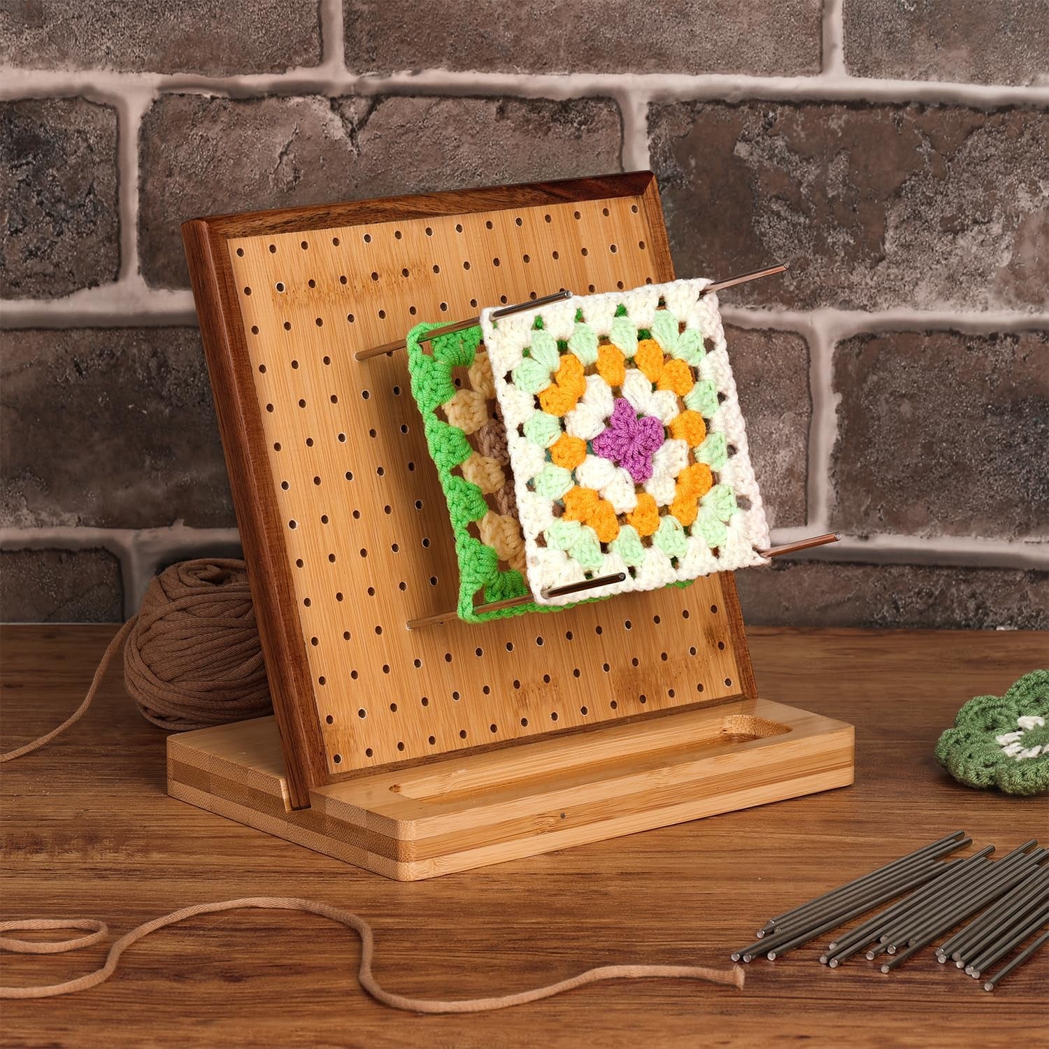 7.8" Crochet Blocking Board with 20 Pins/Pegs, Blocking Board for Crocheting Knitting, Bamboo Granny Square Blocking Boards for Crochet Projects, Wooden Crocheting Accessories Gifts for Crocheters