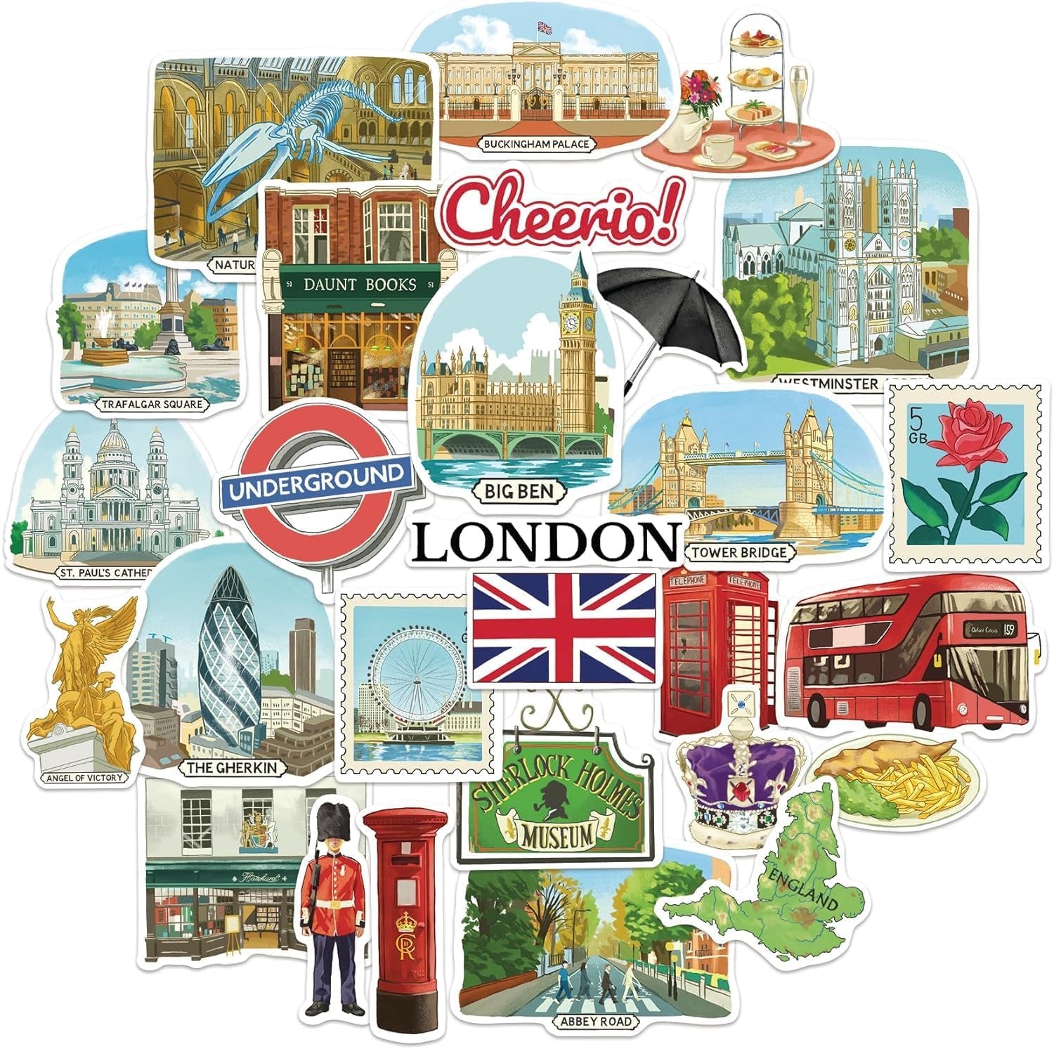 Bustling London Travel Stickers (28Pcs) - Gouache Style, English-Themed Vacation Decals for Journals, Scrapbooks, Luggage, Water Bottle