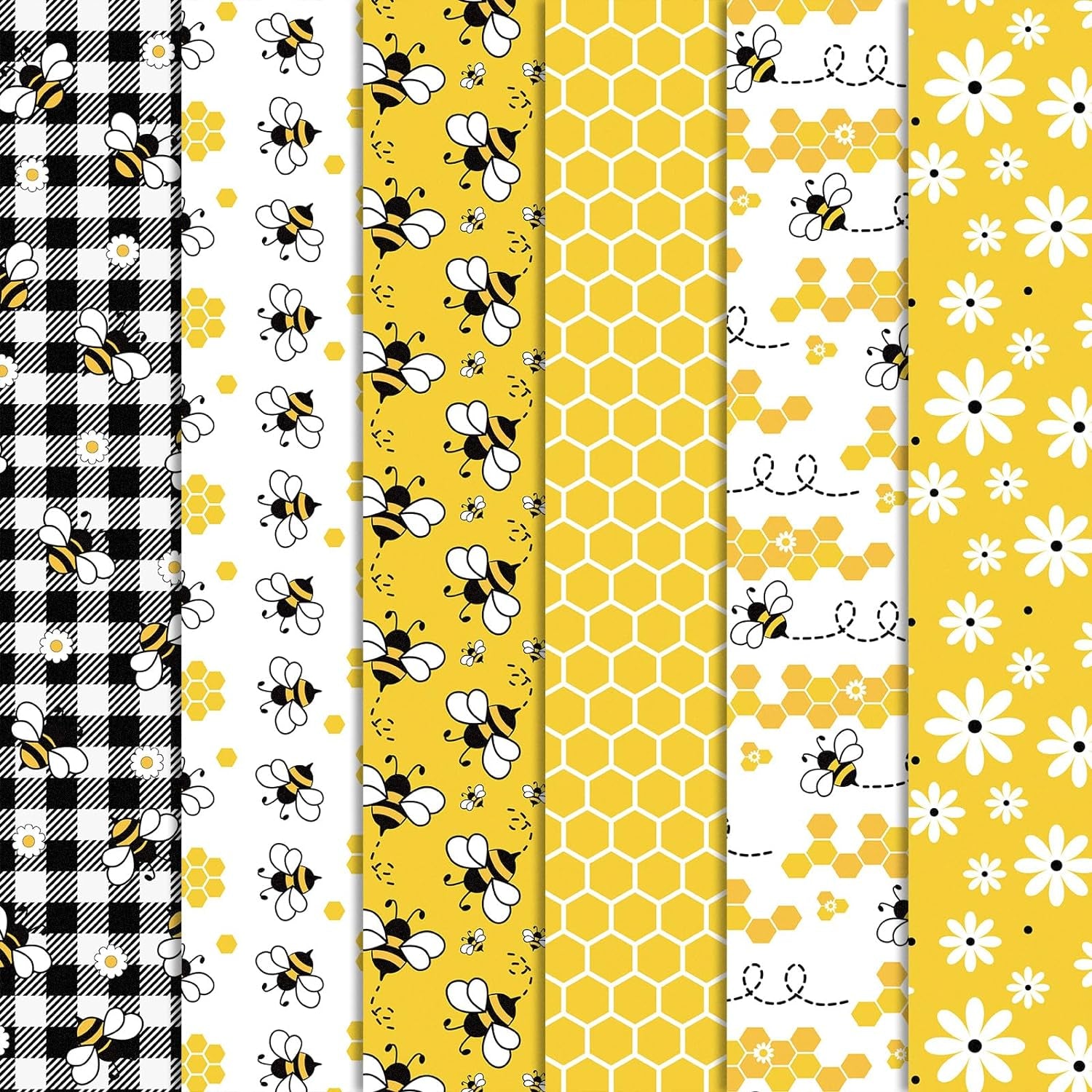 6Pcs Summer Cotton Fabric Bundles Bee Daisy Honeycomb Plaid Fat Quarters Bee Theme Quilting Patchwork Squares for DIY Handmade Craft Decor, 18 X 22 Inch
