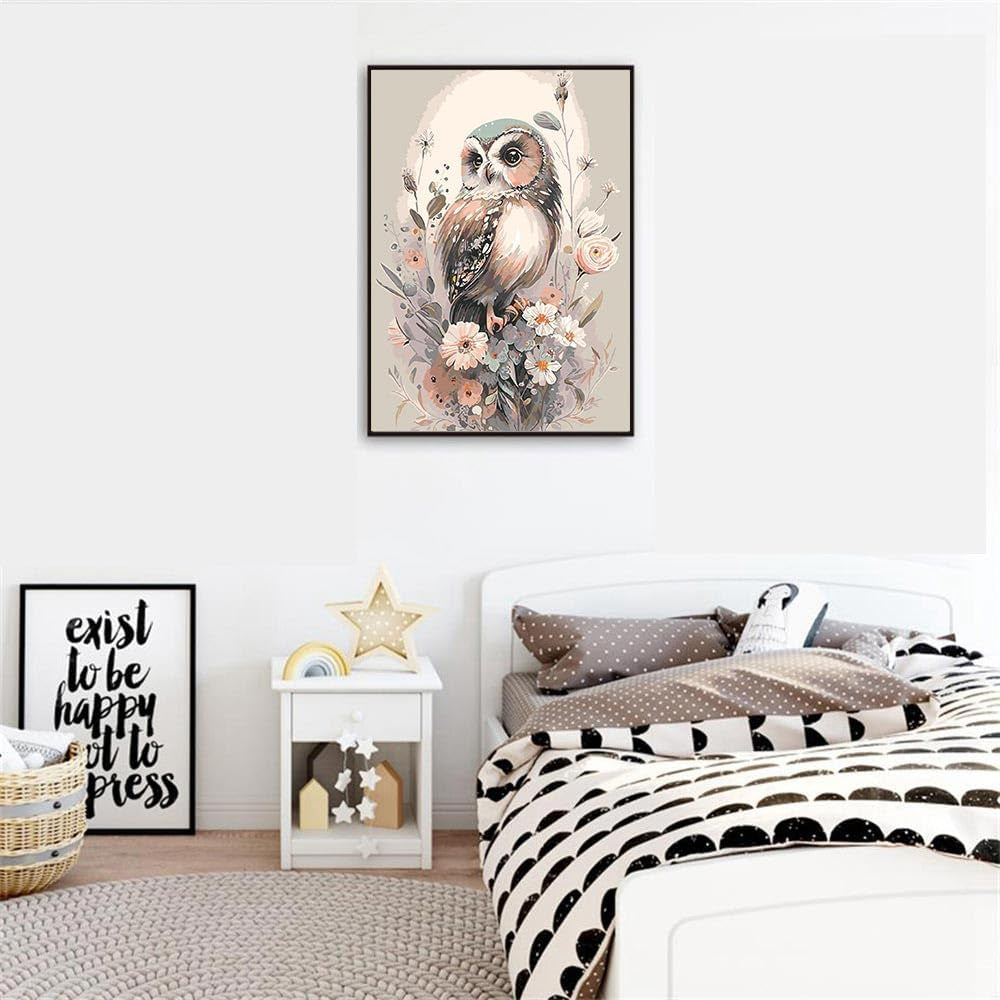 Owl Paint by Number for Adult Kit, DIY Acrylic Paint by Numbers for Adults Beginner, Owl and Flowers Oil Painting by Number on Canvas for Home Wall Decor 16X20Inch