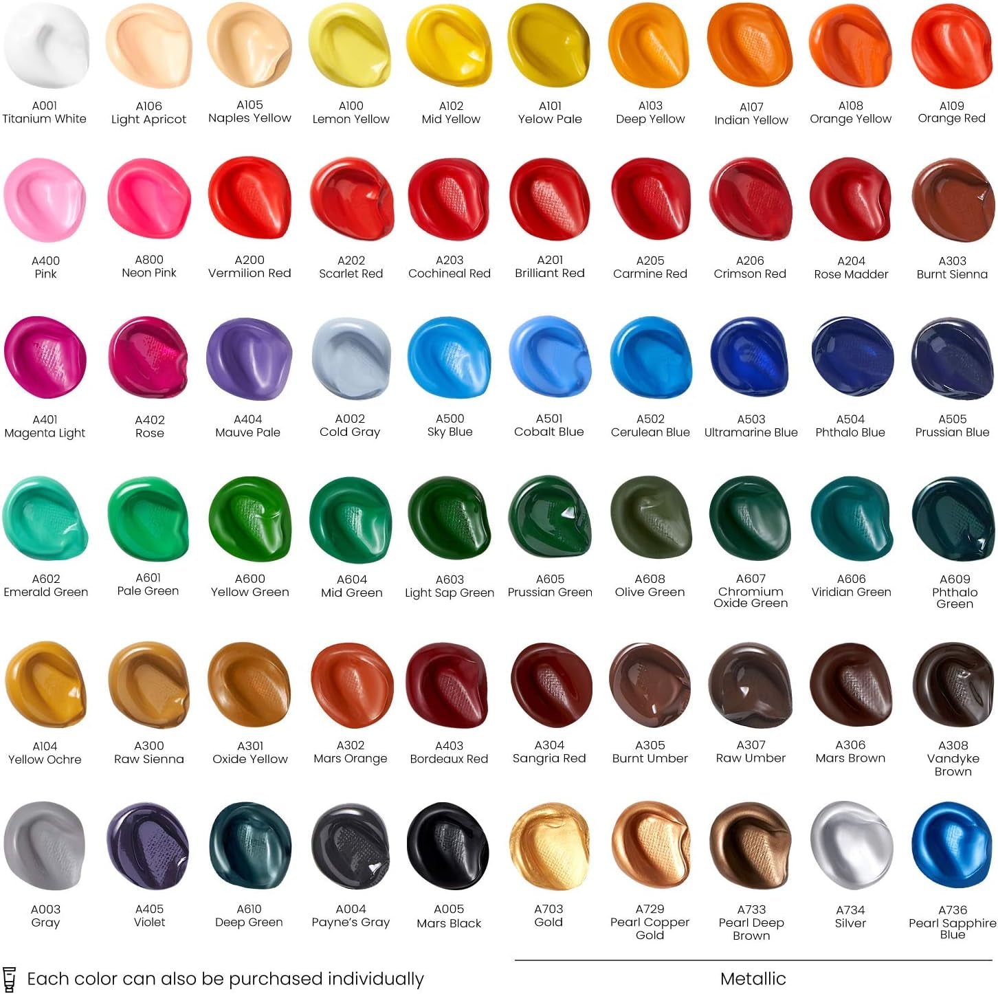 Acrylic Paint Set of 60 Colors, 0.74 Ounces Tubes, 5 Metallic Colors Acrylic Paints, Non-Toxic Artist Paints. Art Supplies for Painting