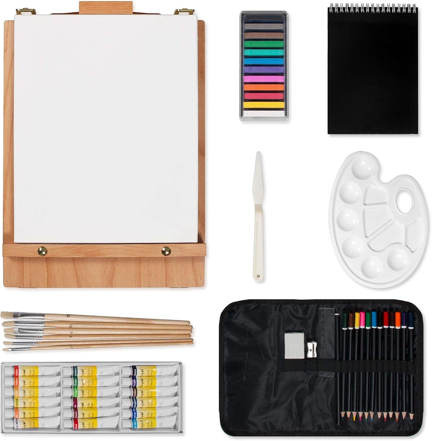 Art Kit, 45 Piece Wooden Paint Set Crafts Drawing Painting Kit with Box Easel and 18 Acrylic Oil Paint Colors, 12 Color Pencil Etc. for Teens Adults Artist Beginners, Art Supplies